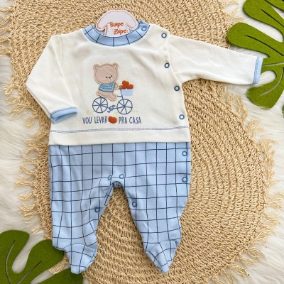 Macacão Malha Trape Zape - Vou Levar Maçãs Pra Casa - Off White e Azul Bebê
